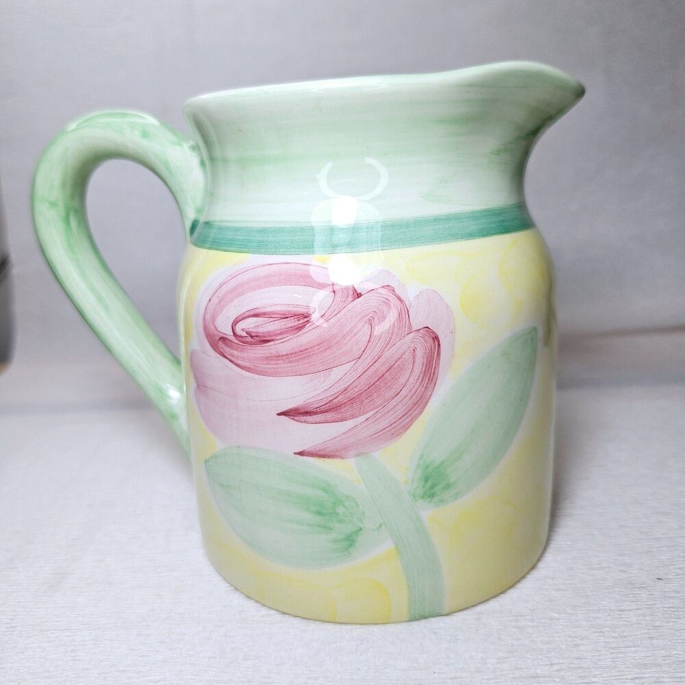 VILLEROY & BOCH Ceramic Pitcher Pink Roses Yellow Green Portugal 5.25" tall